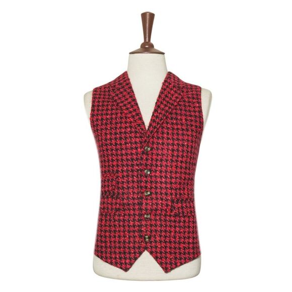 Mens 46R Wool Red Black Check Vest Waistcoat Preppy Wedding Party Formal Casual